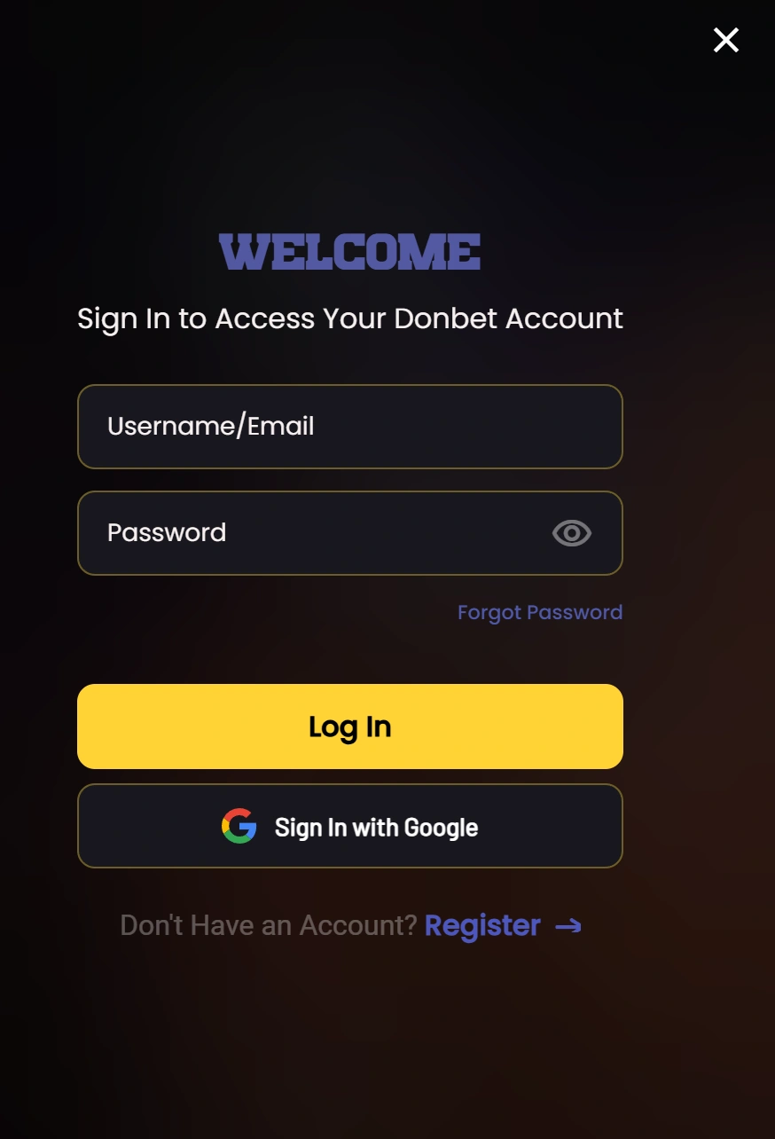 DonBet login and registration screen on mobile device