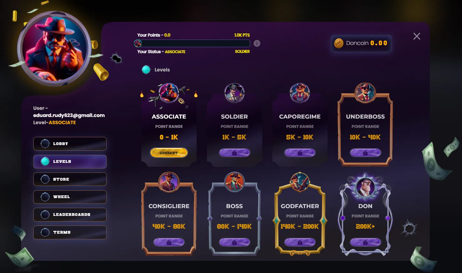 DonBet VIP Mafia Room loyalty program levels